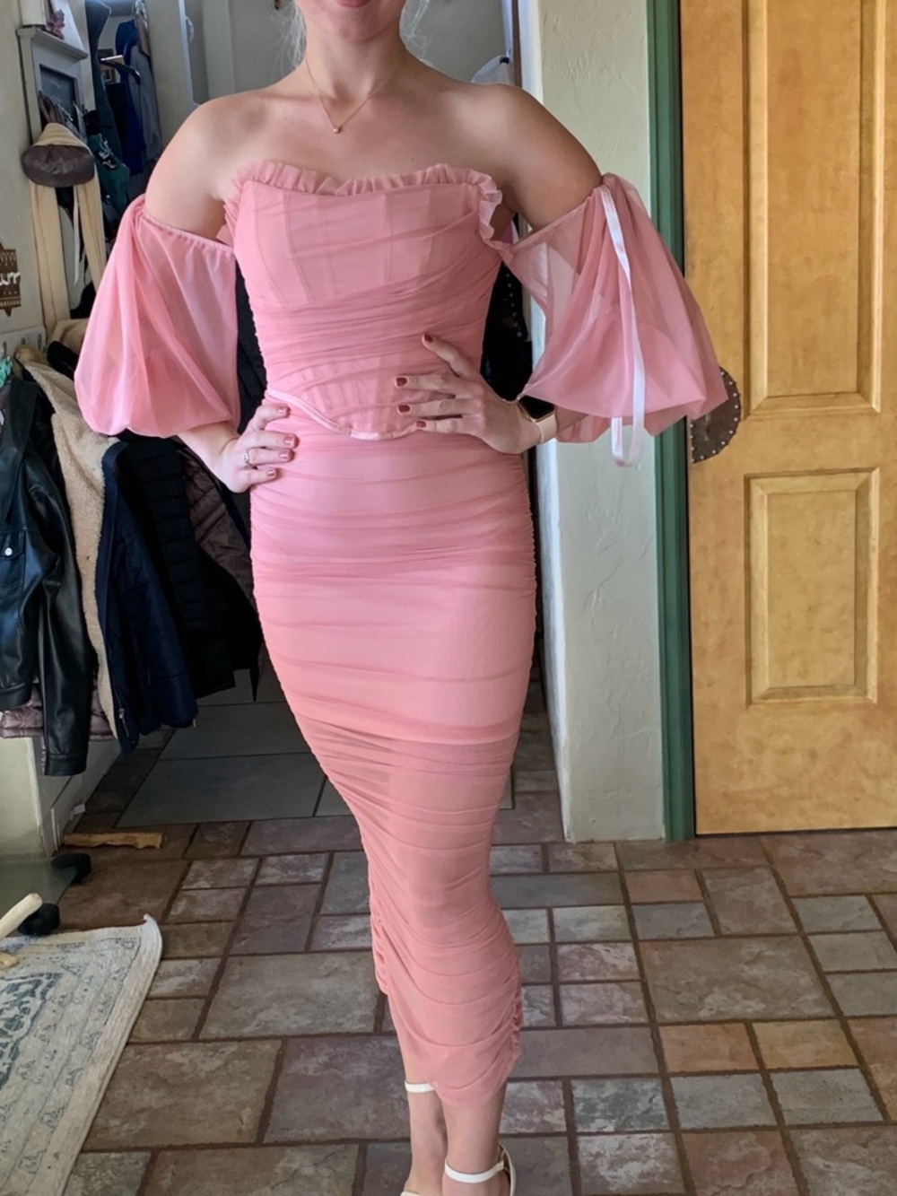 Missguided Pink Off-Shoulder balloon sleeve Ruched Maxi Dress NEW